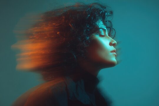 Stylized portrait of woman with curly hair and motion blur in warm orange and teal lighting - Powered by Adobe