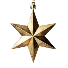 Golden six-pointed star Christmas ornament hanging against a black background illuminated by soft studio lighting
