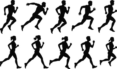 Running silhouettes, male and female athletes, stride poses, black vector, motion sketch, sports design, fitness icon, dynamic form