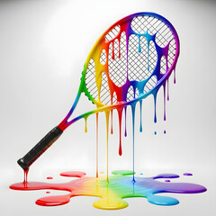 Tennis racket covered in rainbow paint dripping onto white surface artistic shot