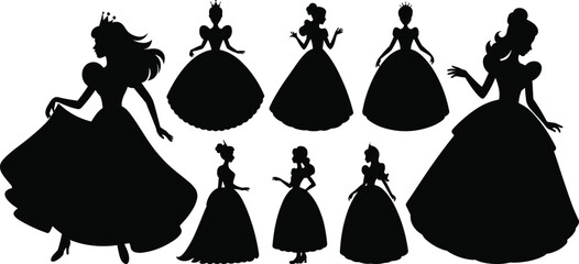 Princess silhouettes, ball gown poses, elegant female figures, royal fashion icons, crown, hairstyle, dress design, graceful, stylized, vector art