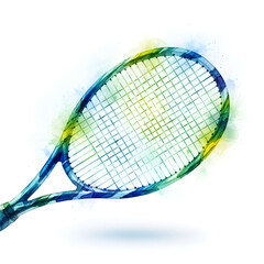 Watercolor vector drawing of blue and green tennis racket with splash decoration