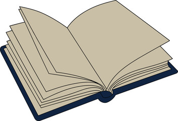 Open book illustration, fanned pages, reading symbol, education icon, literature vector, knowledge design, dark blue cover, sketch