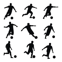 Collection of nine black silhouette icons depicting various soccer player actions isolated on