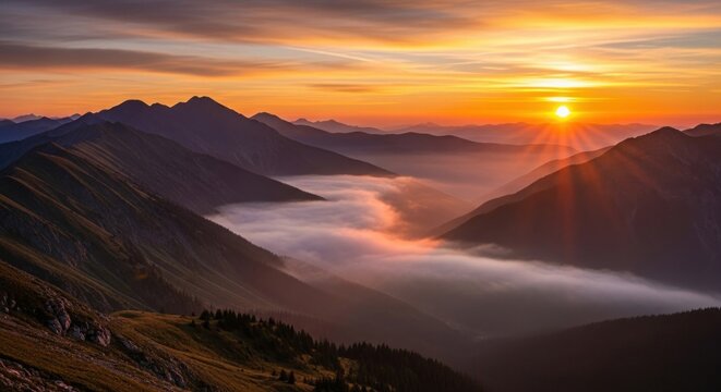 A breathtaking mountain landscape at sunset with a layer of fog in the valleys.