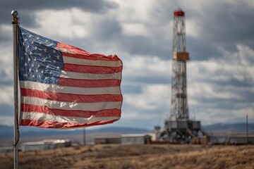 American flag waving over oil rig in arid landscape