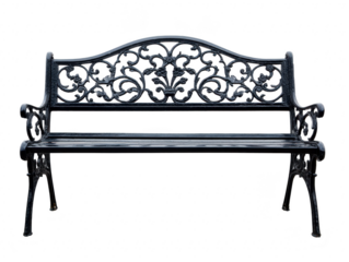 Ornate metal bench with decorative backrest, black color, vintage style, suitable for garden or park, elegant and classic outdoor seating, isolated on transparency background