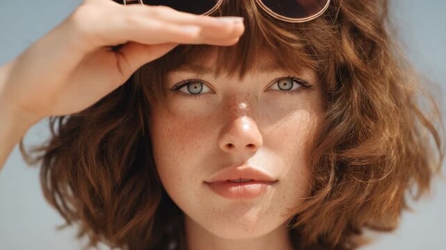 Young Woman Relaxing Outdoors with Bright Sunlight and Sunglasses on a Beach Day 4k video footage