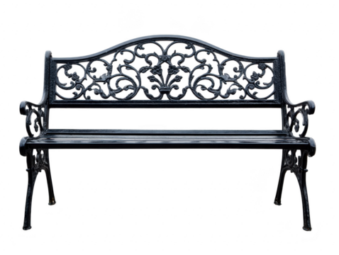 Ornate metal bench with decorative backrest, black color, vintage style, suitable for garden or park, elegant and classic outdoor seating, isolated on transparency background