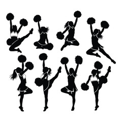 Collection of cheerleader silhouettes performing various energetic dance moves with pom poms, isolated on