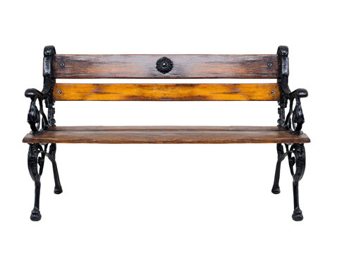 Vintage wooden bench with ornate black metal armrests and legs, isolated on transparency background, perfect for garden or park seating, rustic and classic style, inviting and nostalgic