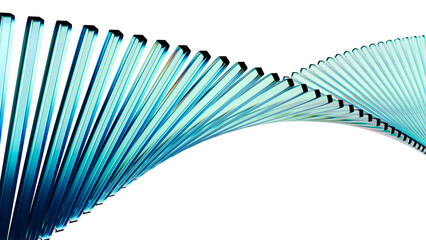 Elegant flowing structure made of curved translucent glass strips in cool blue hues, creating a futuristic dynamic wave ideal for technology, architecture and branding visuals.