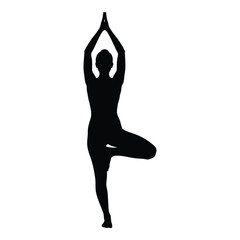 Silhouette of a woman practicing tree pose in yoga, isolated on