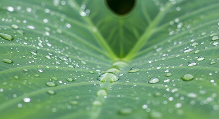 Close-up of a Vibrant Green Leaf Covered in Sparkling Raindrops, A Macro View of a Leaf with Water Droplets Displaying Intricate Textures
