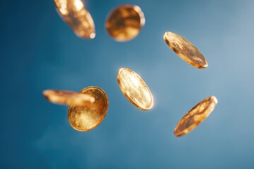 Golden coins falling against a vibrant blue sky