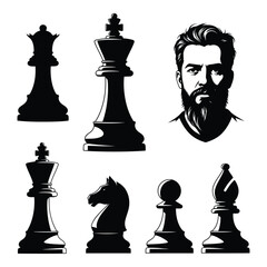 Black and white set of chess piece icon and a portrait of a bearded man isolated on