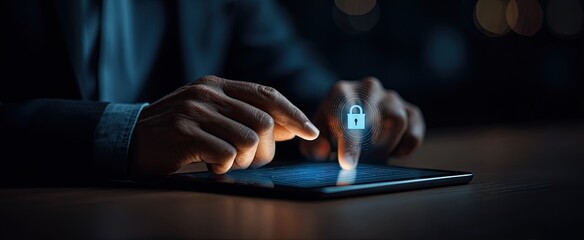 Close-up of hands interacting with a tablet, security concept
