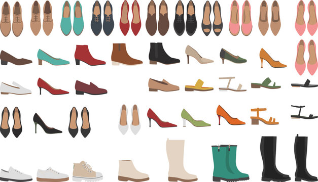 Footwear collection, shoe styles, fashion icons, sneakers, boots, sandals, high heels, dress shoes, colorful, trendy, casual, elegant, design - Powered by Adobe