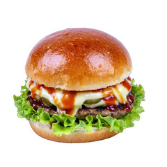 Gourmet Hamburger With Lettuce Cheese Pickles And Ketchup Sauce Isolated On Black Background With Soft Lighting