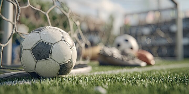 Close-up shot of a soccer ball in the goal net on a green field with other sports balls blurred - Powered by Adobe