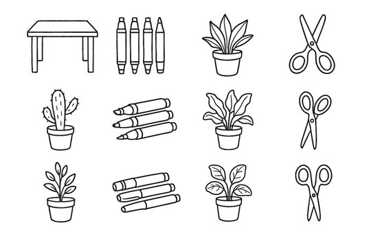 Set markers home scissors doodle icon vector worktable plants sketch icons clean