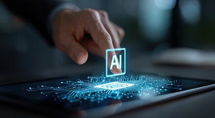 Hand touching AI symbol over tablet with circuit board graphic