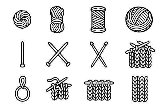 Texture knit icon coiled set needles study thick knitting loop wool vector