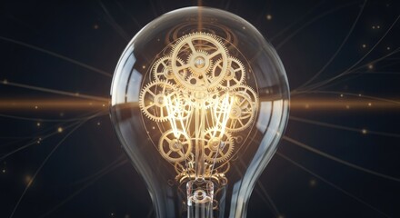 A glowing light bulb with gears inside, emitting a warm glow against a dark background.