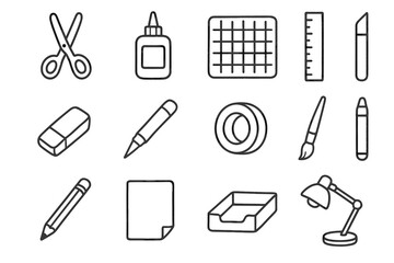 Glue collection mat pencil eraser lamp icon scissors ruler craft vector