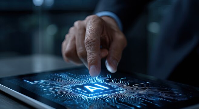 Businessperson interacting with futuristic AI technology on a tablet