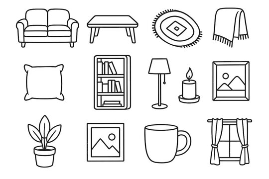 Throw coffee rug vector plant table framed window cozy icon candle living