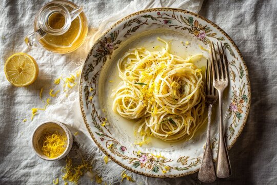Plate of Agnolini, egg pasta filled with meat, garnished with lemon zest, herbs, silver fork on side. Concept of Italian cuisine, showcasing flavorful egg pasta filled meat Italian.
