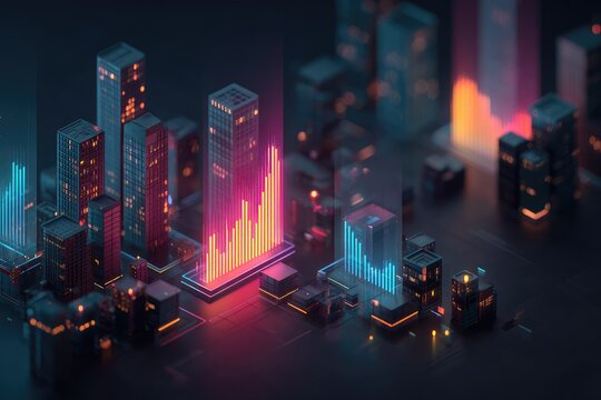 Futuristic cityscape with glowing data visualizations - Powered by Adobe