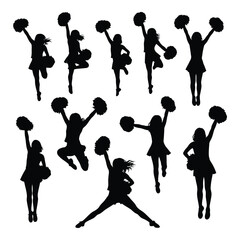 Collection of ten cheerleader silhouette figures performing various energetic dance and jump poses isolated on
