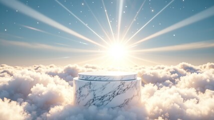 Luxury White Marble 3D Product Podium Floating on Glowing Clouds | Heavenly Golden Light Mockup