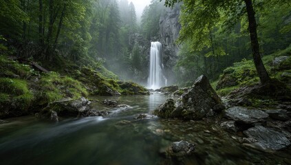 Misty waterfall cascading down a rocky ravine, lush forest surrounds