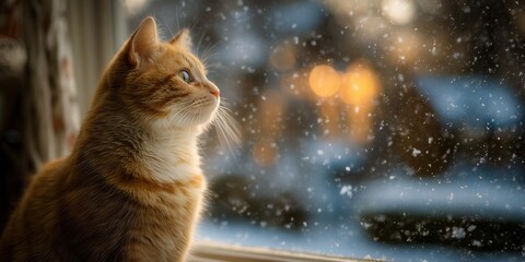 Ginger cat with blue eyes sits on windowsill gazing at falling snow beyond frosty glass near Christmas tree lights. Curious feline winter wonder, cozy holiday contemplation vibe.