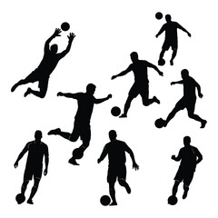 Collection of black silhouette icons depicting various soccer player actions isolated on