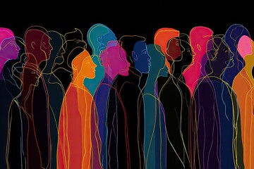 Colorful silhouettes of people in a line