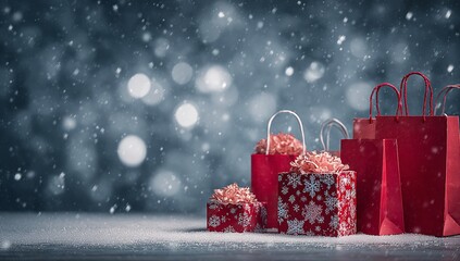 Capture the magic of the holidays with festive red gifts and shopping bags against a snowy backdrop, perfect for holiday promotions and seasonal campaigns