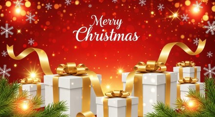 Festive christmas gifts with golden ribbons and snowflakes on a red background, creating a warm and joyful atmosphere for the holiday season celebration
