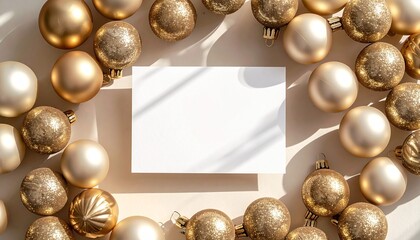 A luxury-themed card layout featuring champagne-gold baubles neatly arranged around a centered greeting card