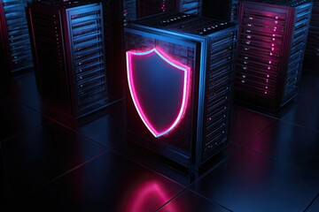 Server room with glowing shield.  Cybersecurity