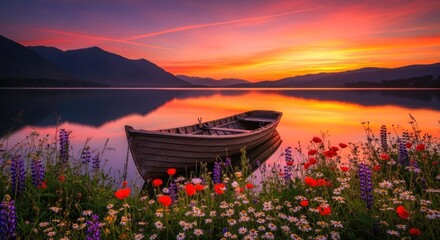 A wooden boat floating on a calm lake with vibrant flowers and mountains in the background at sunset.
