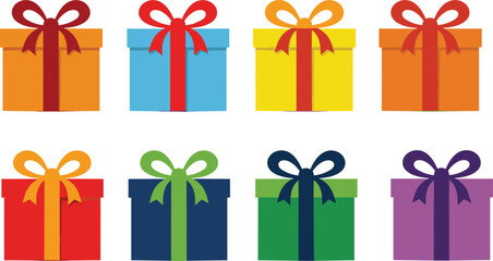 Colorful cartoon gift boxes with big ribbon bows, festive present set for holidays, birthdays, celebrations, party decorations, and seasonal designs