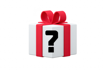 White gift box with red ribbon and bow, featuring large black question mark on front, symbolizing mystery, surprise, or secret present, isolated on transparent background