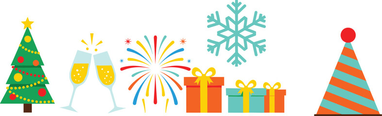 Colorful festive holiday icons including Christmas tree, gifts, fireworks, snowflake, champagne and party hat, celebration illustration for Christmas and New Year themes