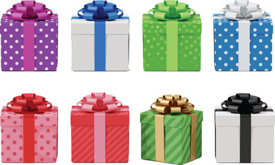 Colorful wrapped gift boxes with ribbons and bows, decorative present collection illustration for celebration, birthday, Christmas, holiday events, festive packaging themes
