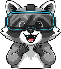 Happy Raccoon Character Wearing Virtual Reality Headset Goggles Technology