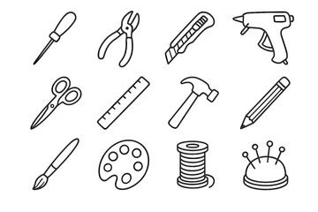 Handcraft hammer vector pin gun icons pliers cutter tools scissors pencil ruler